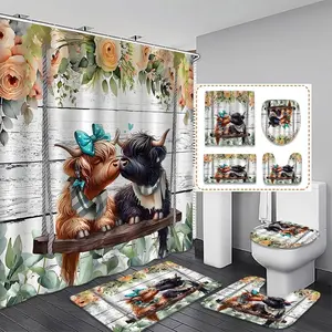 Bathroom Decor Set with Cow & Flower Pattern, Includes Hooks Curtain Toilet Lid Cover Bath Mat Rug, Rustic Style Bathroom Accessories, Shower Curtain Set, Bathroom Decoration Accessories