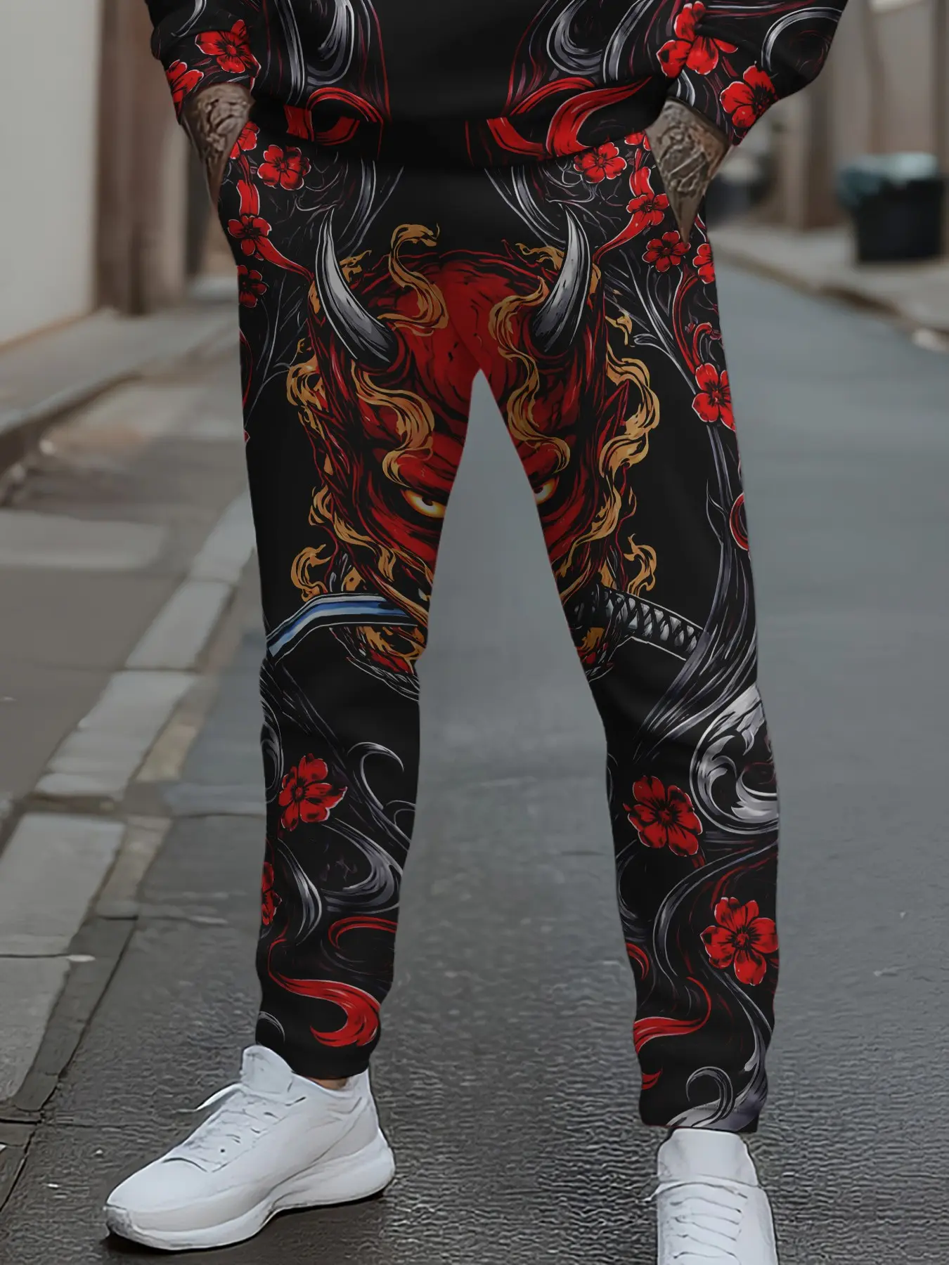 Men's Oni Demon & Samurai Sword Pattern Joggers, Japanese Oni Design Casual Sport Pants, Fitted All over Print, All Seasons