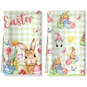 2-Piece Easter Check Gnome Bunny Rabbit Print Kitchen Cleaning Towels, 16 X 24 Inches Reusable and, Sweet Gift for Friends