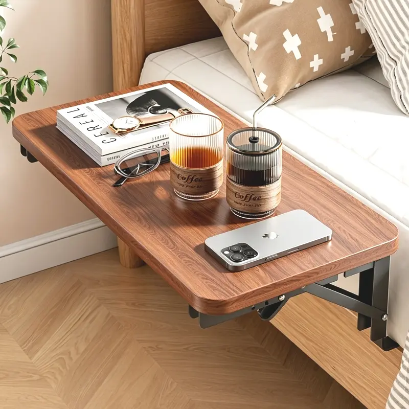 Side table, Modern wood table, foldable bedside table, no-drill installation bedside storage rack, space-saving wooden nightstand with metal bracket, suitable for bedroom, small apartments, rental homes, Wood Grain Table, Compact Nightstand