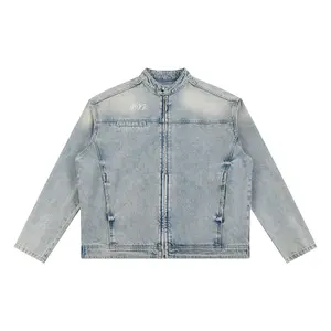 Vintage Wash Zip Denim Jacket Unisex Fitted Long Sleeve Medium Length Casual Streetwear All Seasons