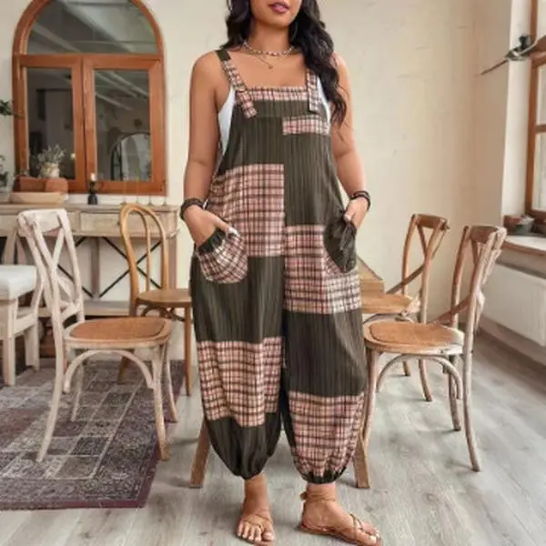 Retro plaid patchwork overalls for women, loose-fitting jogger pants, casual style, slimming plus-size jumpsuit