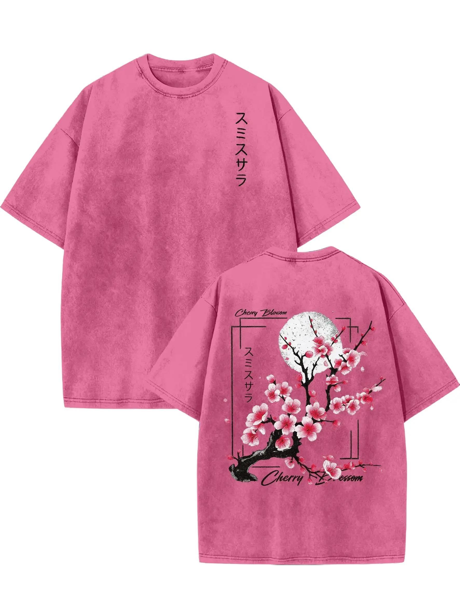 Men's 100% Washed Round Neck Short Sleeve Streetwear T-Shirt, Loose Knit Fabric with Cherry Blossom & Japanese Lettering Print, Fashion Casual Weekend Wear Pink Unisex Graphic Acid Wash Menswear Top tiktokshopspringglowup,summervibes Menswear Tops