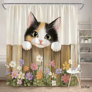 [Quick Arrival] Adorable tabby cat patterned shower curtain, perfect for bathroom décor, made of durable polyester, available in multiple sizes, easy to care for, machine washable, comes with shower curtain hooks