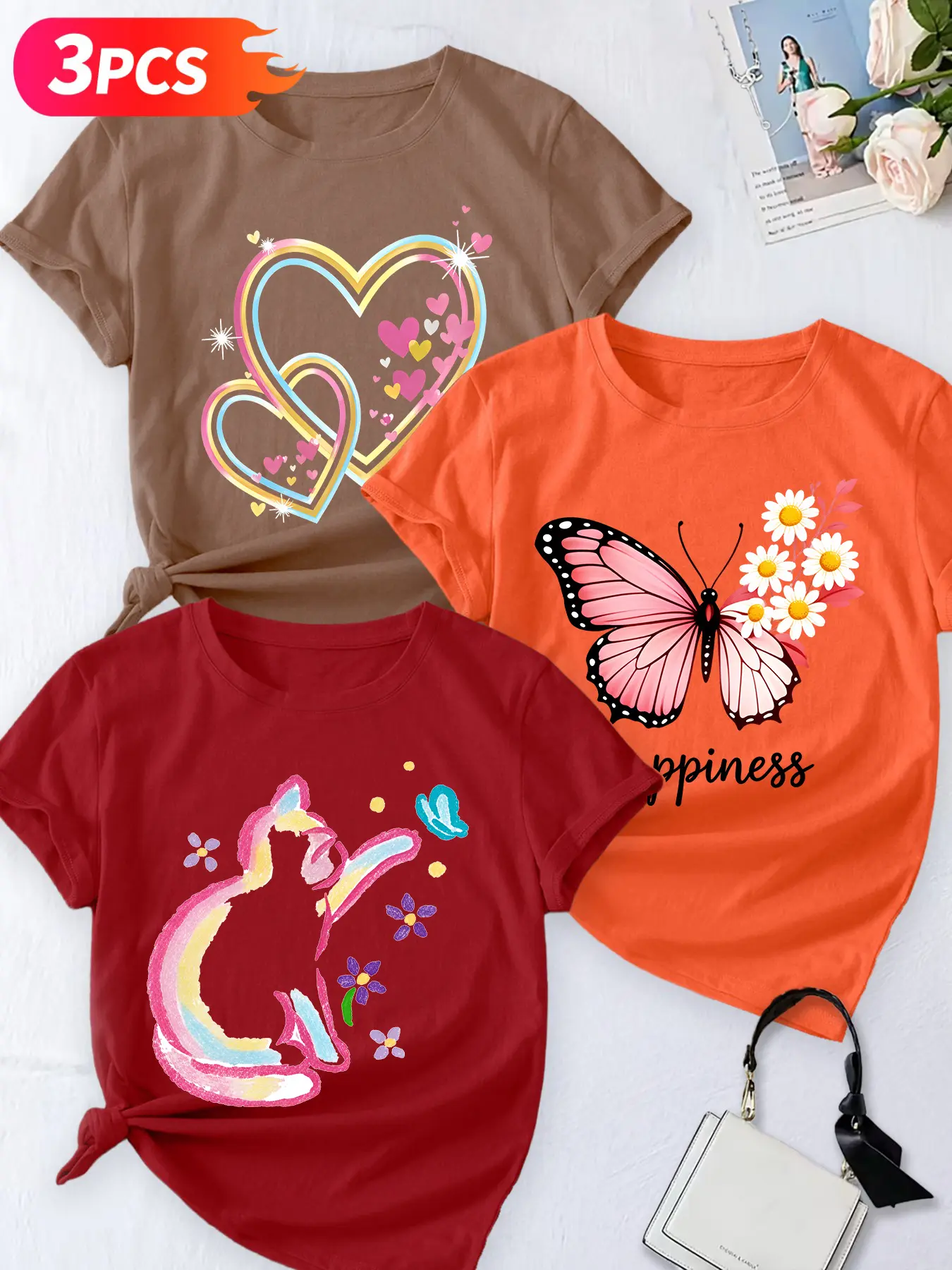 Women's 3-Pack Casual Short Sleeve Crew Neck T-Shirt, Hand-Drawn Coffee Cup/Donut/Ice Cream Dessert Print Set, Multiple Colors, Machine Washable, Spring & Summer Top, Soft Skin-Friendly Fabric, Daily Wear, Fashion Design, Womenswear