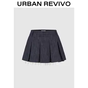 URBAN REVIVO Pleated Denim Midi Skirts Casual Outfit 2025 Women Clothing Girl Elegant Fashion Trendy and Versatile OOTD