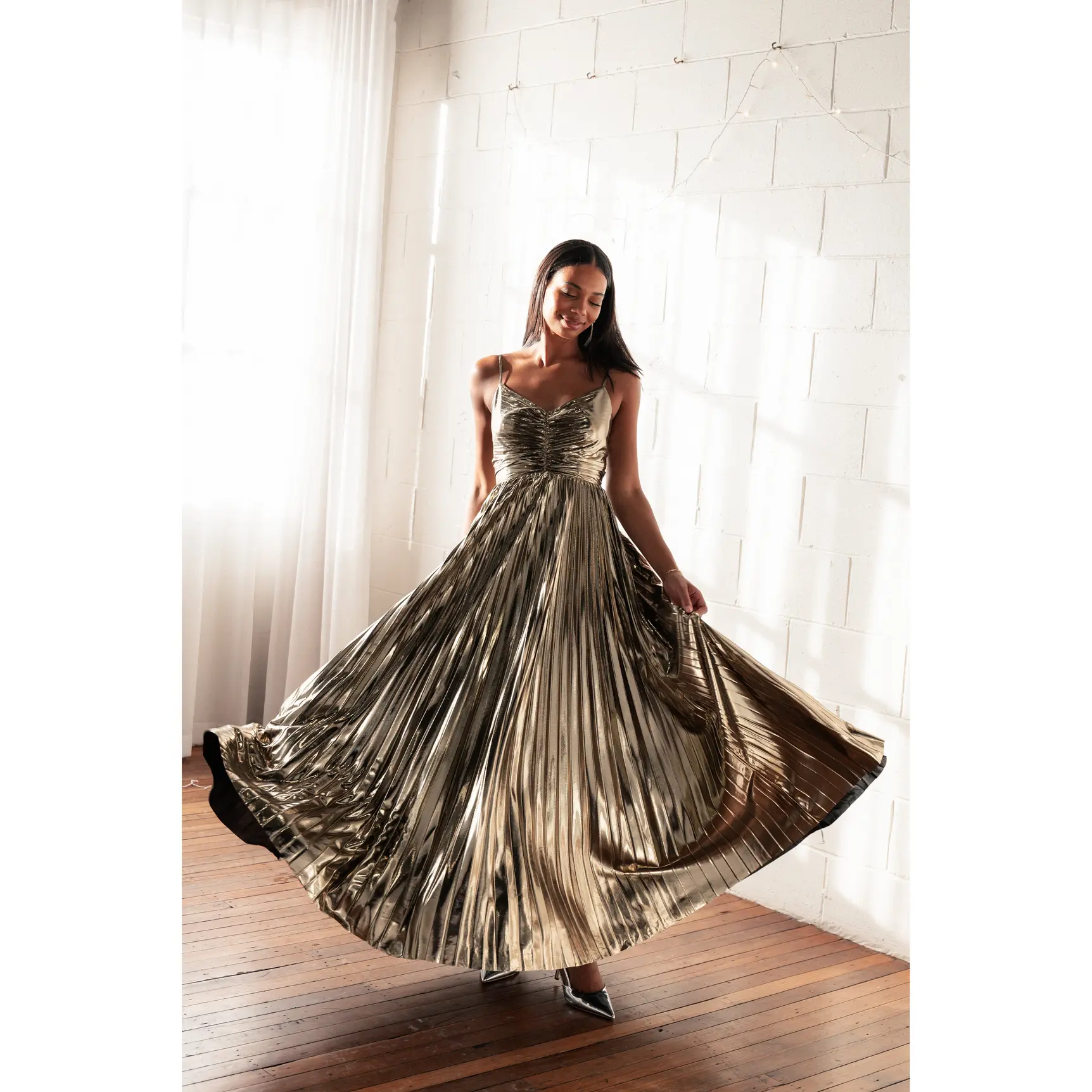 Naira Pleated Maxi Dress - Gold - TikTok Shop