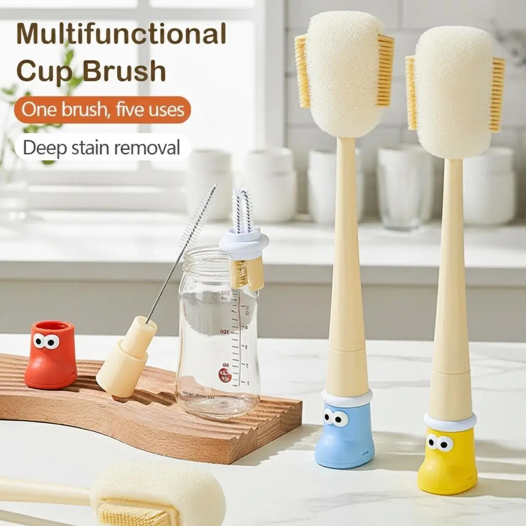 5-in-1 Multifunctional Cup Cleaning Brush Set - Silicone & Sponge Heads, Deep Stain Removal, Compact Design for Bottles, Mugs, Tumblers, Bottle Cleaner Brush, Tumbler Cleaning Brush