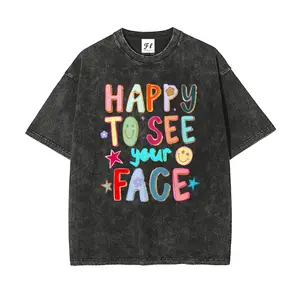 Unisex "Happy To See Your Face" Colorful Smiley Art Pattern Washed Vintage T-Shirt - Wash Cotton Retro Streetwear Aesthetic