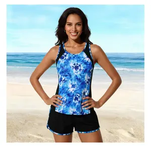 Tie Dye Tankini Set Women - Blue Racerback Athletic Swimsuit with Boy Shorts - 2 Piece Bathing Suit for Swimming, Water Sports, Beach, Pool & Activewear