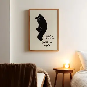 Funky Animal Poster| Cat Nap Print Homebody Wall Art |Cat Lovers Decor |Funny Black Cat Art Napping Print | Frameless Poster