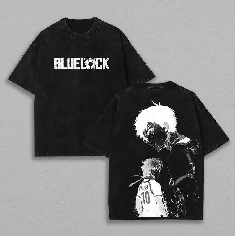 Vintage Washed Blue Lock T-Shirt with Double Sided Isagi & Kaiser Anime Graphic, Unisex Oversized 100% Cotton Streetwear Top, Shortsleeve Round Neck, Tops, Clothes, Menswear, Double Print, Relaxed