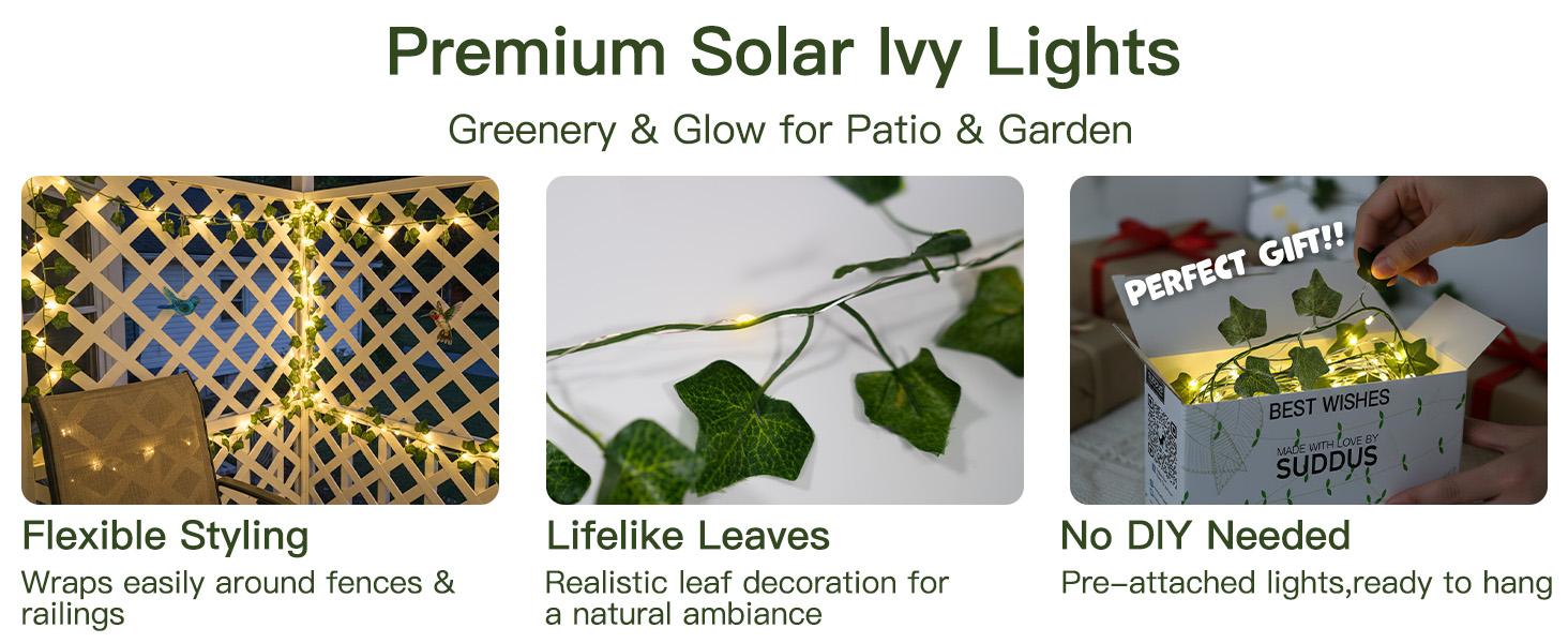 Solar Ivy String Lights Outdoor Waterproof, 33Ft 100 LED Fake Vines with Lights, Artificial Greenery Leaf Fairy Light for Privacy Fence, Wall, Patio, Garden, Balcony Decor (Warm White)