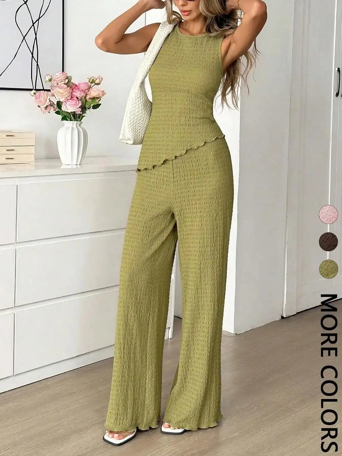 Women's Casual Two-Piece Set Round Neck Ruffle Top   Flowy Wide Leg Pants Slim-Fitting Fashion Suit Plain Pattern Outer Vest Outfits all day comfort multi pocket relaxed style essential wardrobe everyday comfort