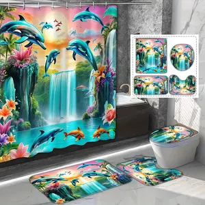 1/3/4pcs Waterfall Dolphin Shower Curtain Partition Curtain with 12 Hooks Animal Pattern Printed Bathroom Decoration Bathroom Floor Mat U-shaped Mat Toilet Seat Cover Suitable for Bathroom