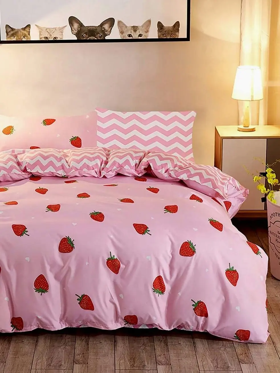 Strawberry Kids Duvet Cover Set, 3 Piece Cute Pink Bedding with Pillowcases, 100% Polyester Reversible Bedding, All Season Back to School