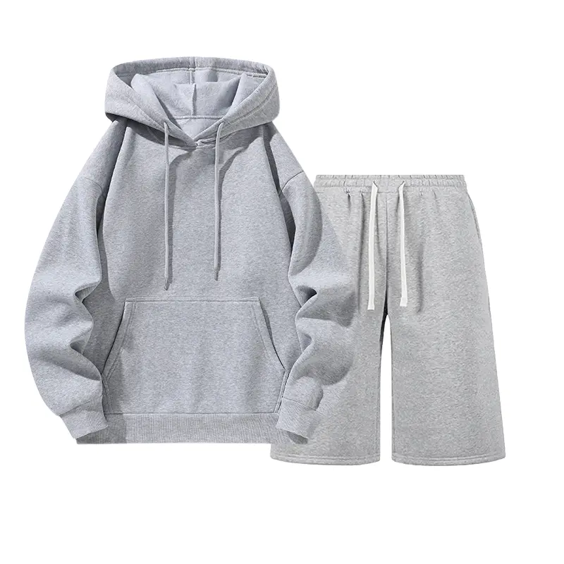 Men’s solid-color fleece two-piece set, loose hooded sweatshirt + athletic shorts, metal drawstring and kangaroo pocket, street-casual sports outfit, available in multiple colors, suitable for autumn/winter back-to-school everyday wear, a versatile gift
