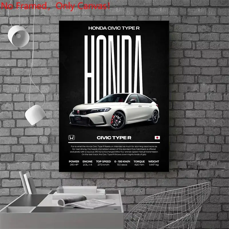 1 Piece/Set frameless canvas painting print poster,Luxury sports car art，Honda Civic Type R Car Poster， a perfect gift for cars loves, ideal gift for bedroom, living room, dorm hallway, kitchen, mural, wall decoration, room decor