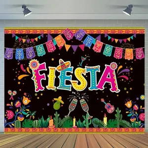 2D Flat Banner Mexican Fiesta Theme Party Backdrop, Cinco De Mayo Carnival Decoration, No Power Needed, Pull Flag Banner