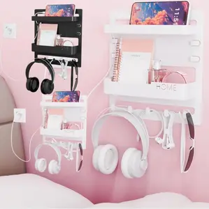 Bedroom Decor Bedside Wall Organizer White Dorm RV Small Room Phone Remote Shelf with Headphone Hook and Storage Slots for Efficient Organization