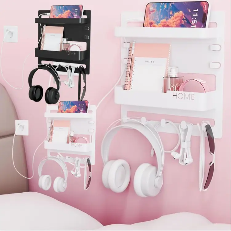 Bedroom Decor Bedside Wall Organizer White Dorm RV Small Room Phone Remote Shelf with Headphone Hook and Storage Slots for Efficient Organization