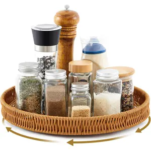 12 Inch Lazy Susan Organizer, Rattan Round Turntable, Lazy Susan for Table Top, Wicker Tray Hand Woven, Wicker Plate Rotating  Rack for Kitchen Cabinet Countertop Storage Essential