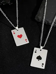 Men's Stainless Steel Silver Color Playing Card Pendant Necklace, Ace of Spades Design, Stylish and Unique Jewelry for Men, Heart Design Necklace, Gothic Mystery Jewelry