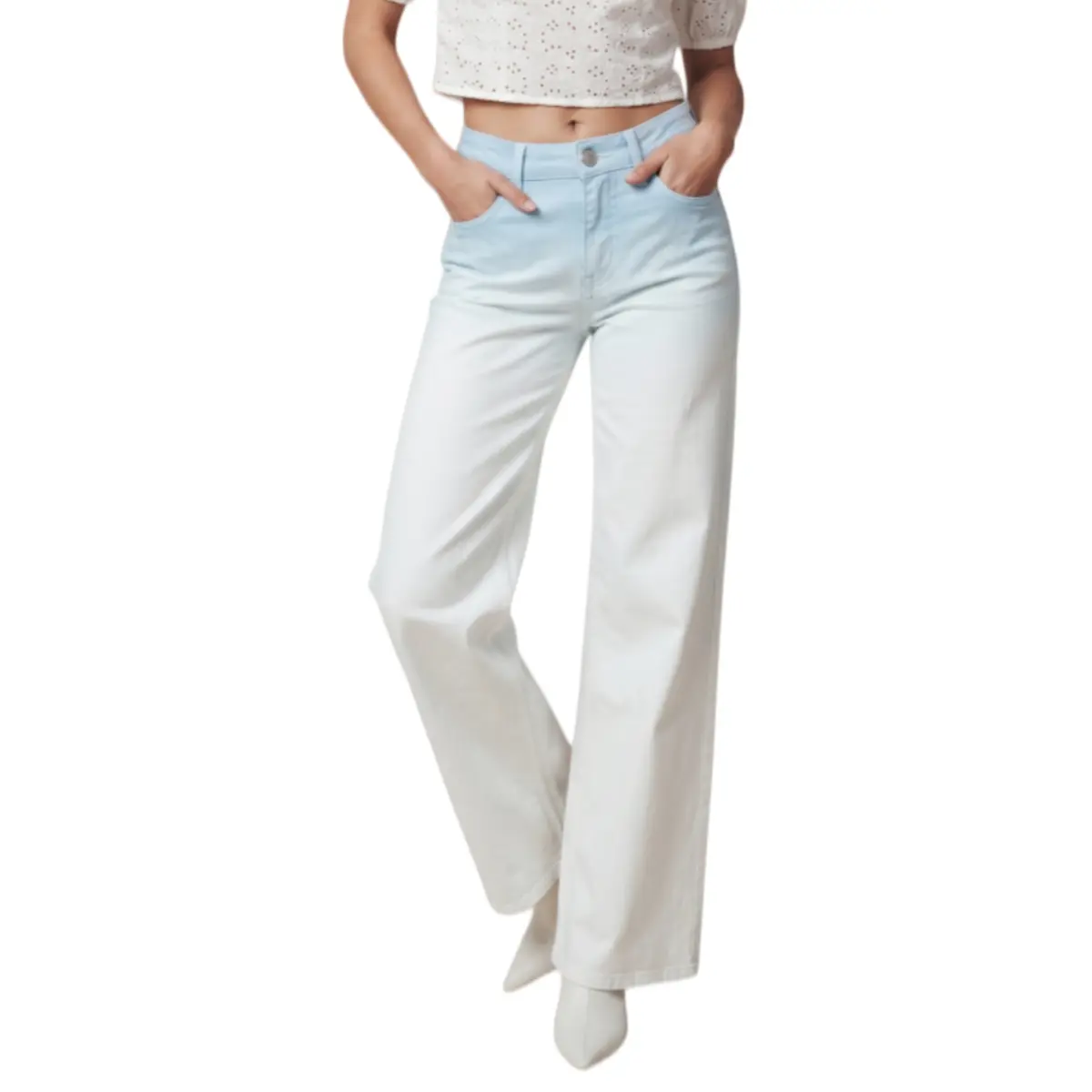 ONESO Womens Stretch Wide Leg Jeans Mid Rise Denim Pants Snatched Waist Ombre Light Blue Everyday Style