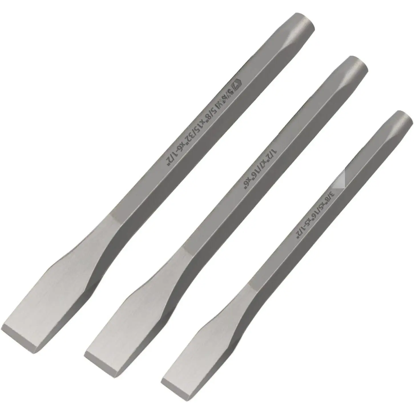 Heavy Duty Cold Chisels Tool Kit Set (3-Piece) - 3/8 in, 1/2 in, 5/8 in Sizes Vary, Hand Tools for Hardware, Metalwork with Rods, Rivets Compatibility