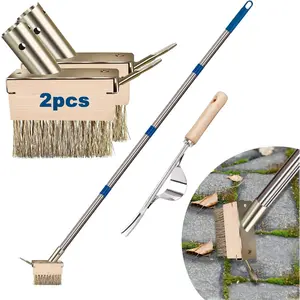 Crack Weeder Tool, Crevice Weeding Moss Brush with 2 Heads&Scraping Hook, A Hand Puller Tool, Moss Remover with Steel Handle for Cleaning Paving Joint Paver Sidewalk Patio Stone Driveway Deck