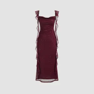 Cider Cowl Neck Solid Glitter Ruffle Hem Maxi Dress
