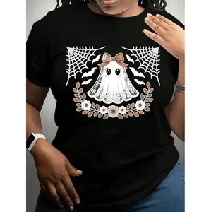 Plus Size Gothic Lace Floral Halloween Sports Top, Stylish Soft Non-See-Through Fabric, Ideal for Parties and Casual Wear