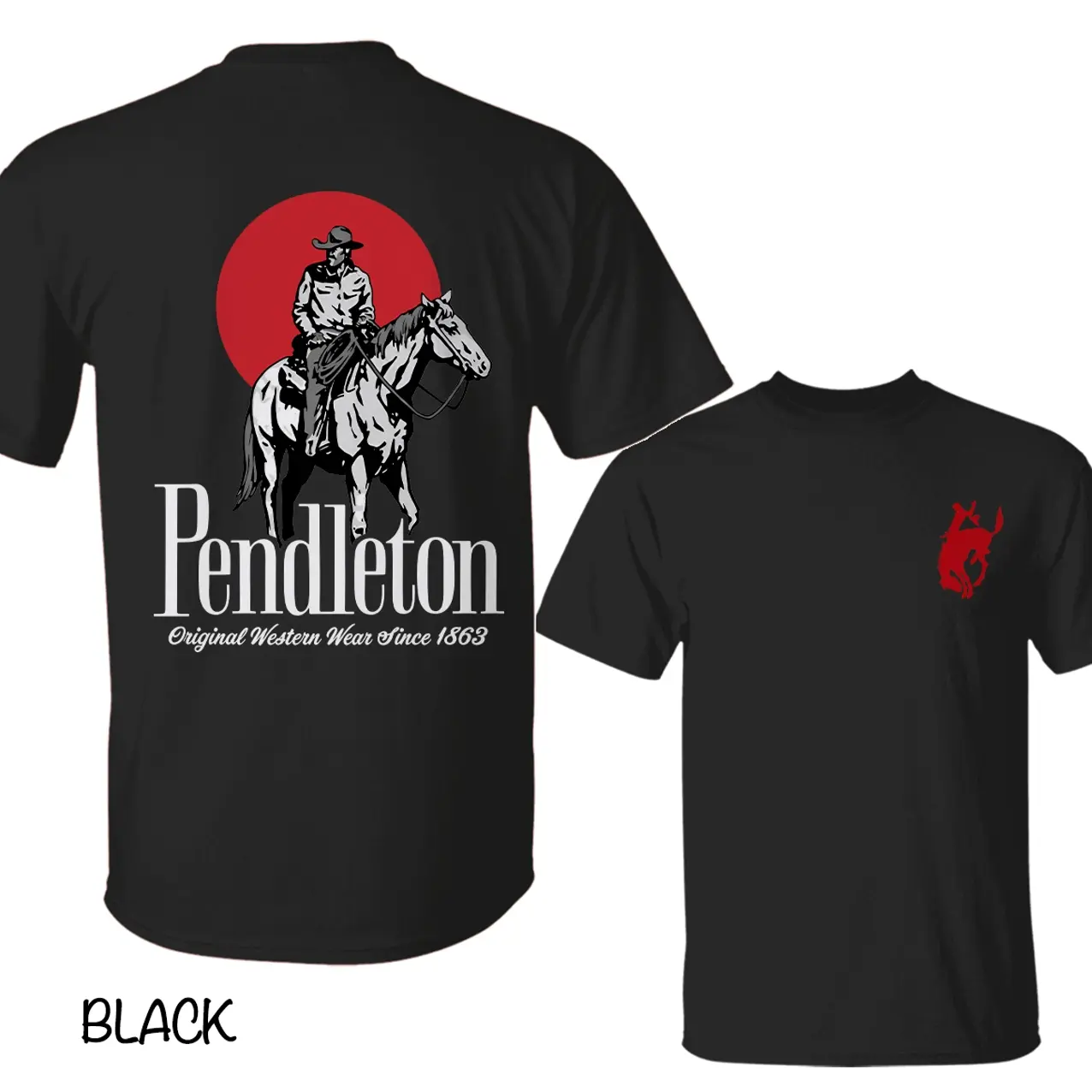 Pendleton Cowboy Western T-Shirt, Original Western Wear Graphic Tee With Horse Rider Back Print, Red Sun Cowboy Shirt, Front Chest Bucking Horse Logo, Vintage Rodeo Apparel Gift for Men and Women