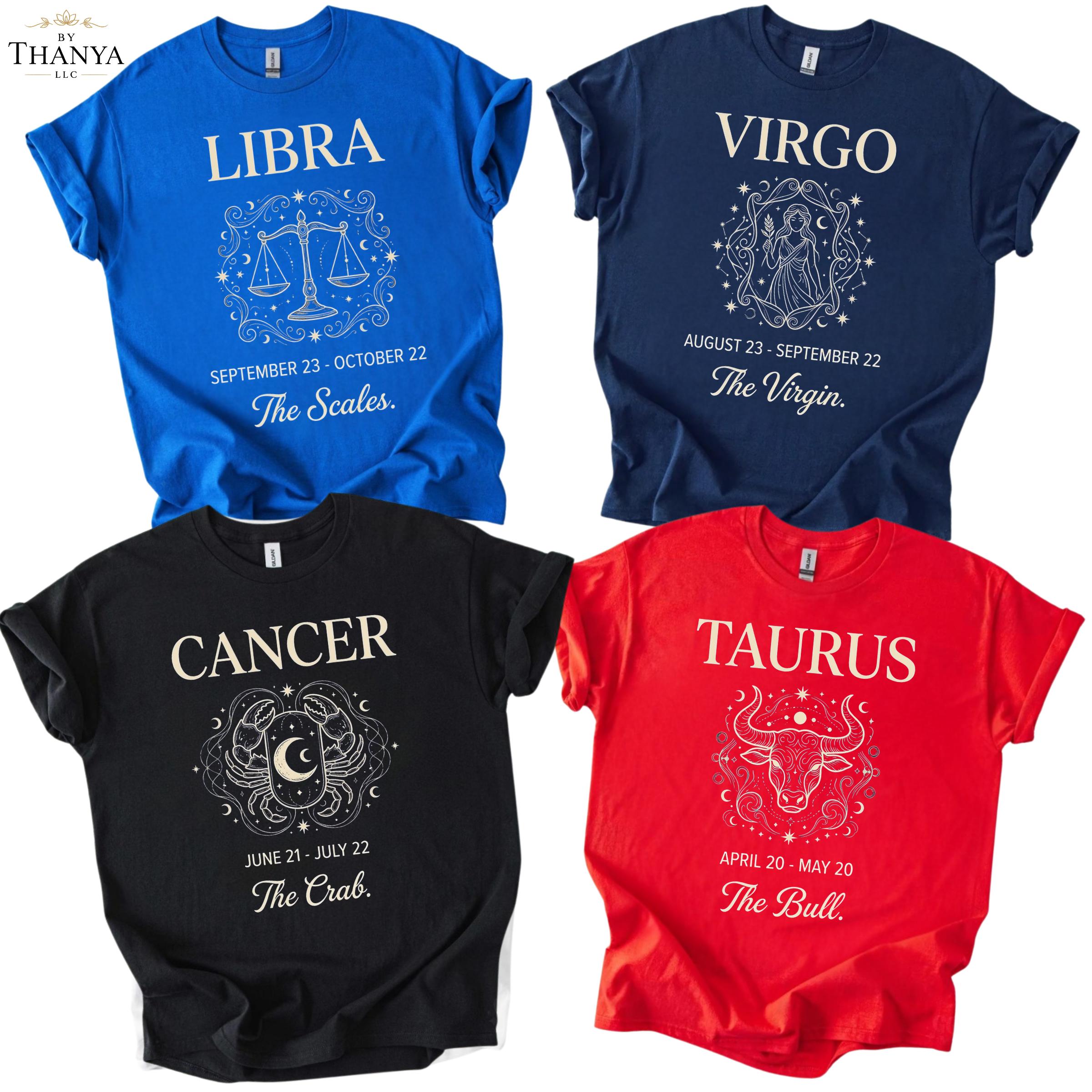Full 12 Zodiac T-Shirt, Astrology Sign Graphic Tee, Horoscope Birthday Shirt Collection, Vintage Celestial Star Sign Birthday Gift Top for Women Men, Best Friend Gift – By Thanya LLC