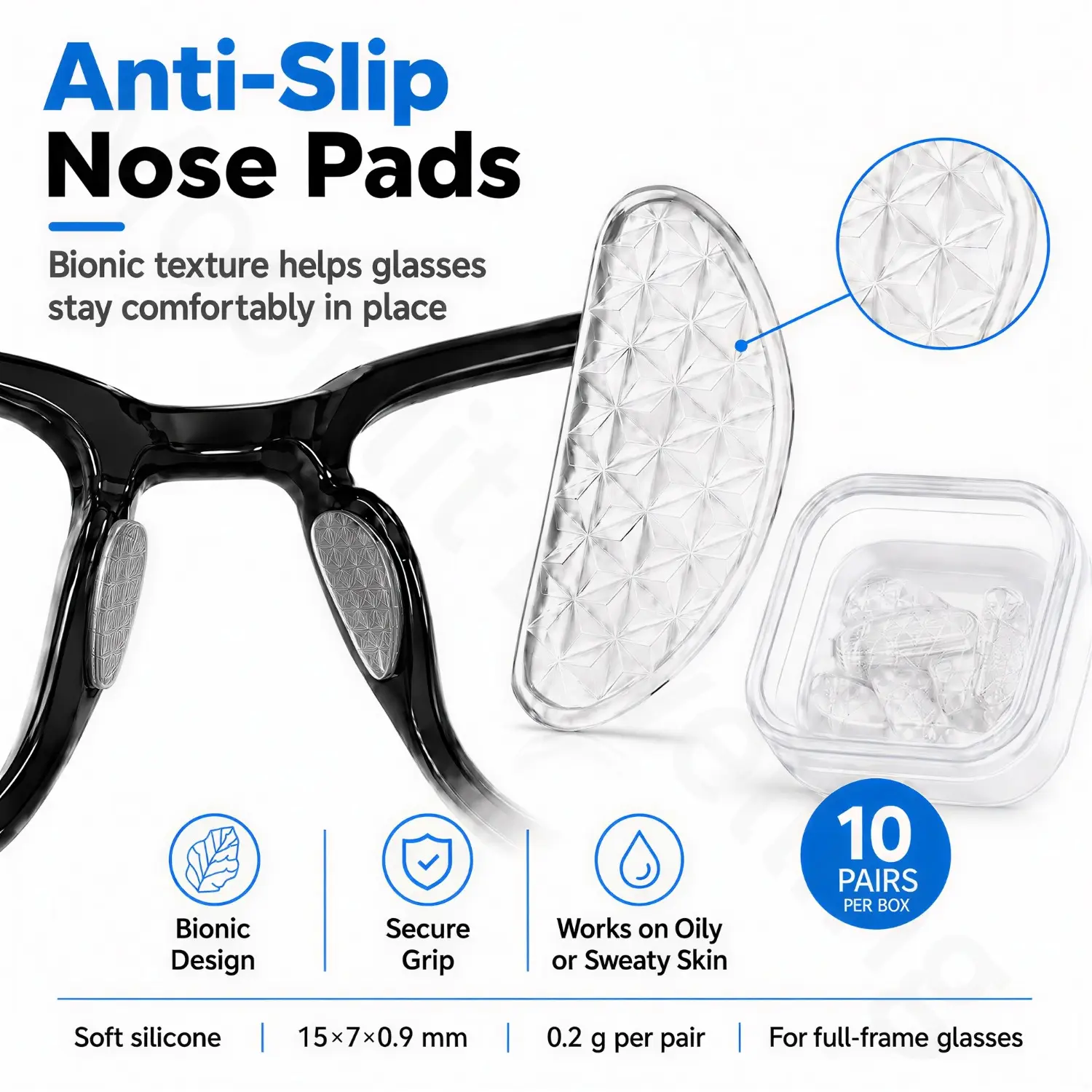 Anti Slip Nose Pads for Glasses, 10 Pairs/20 PCS Soft Silicone Adhesive Eyeglass Nose Pads, Ultra Thin D Shape Bionic Texture Glasses Pads for Full Frame Eyeglasses, Oily or Sweaty Skin