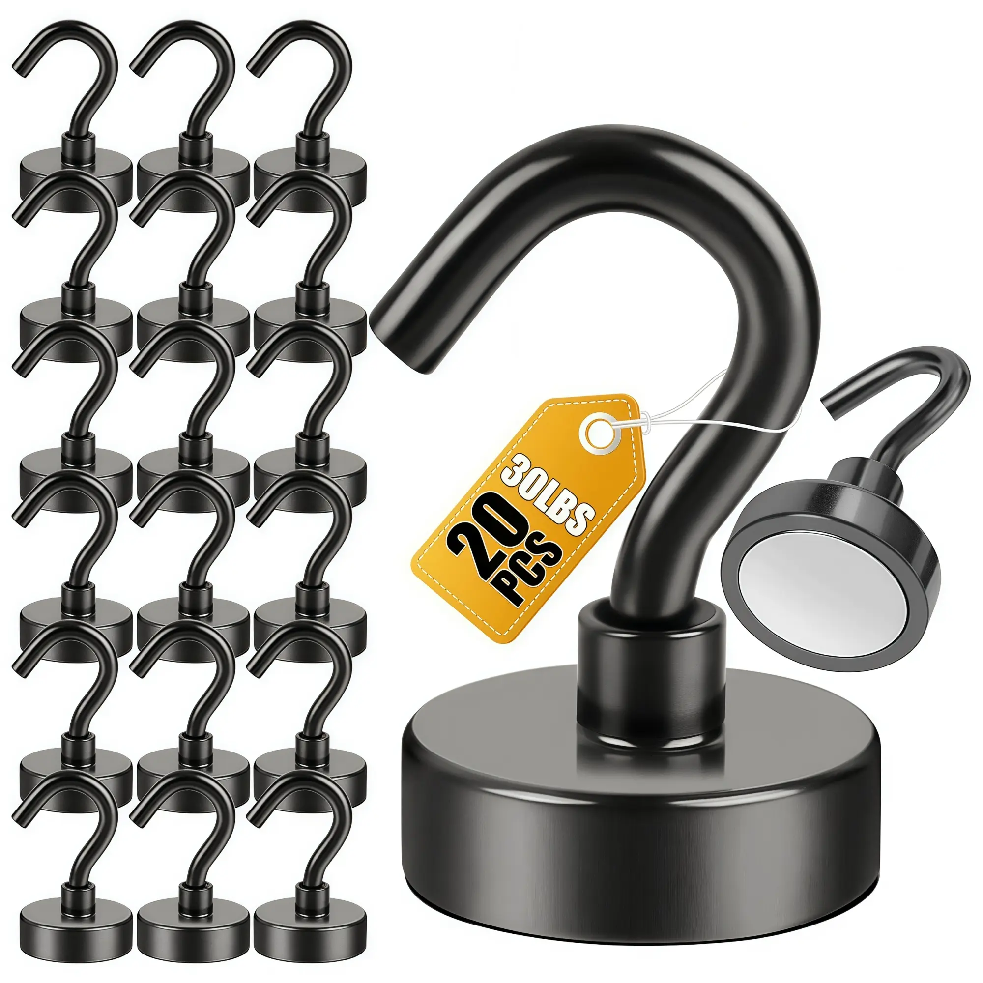 20Pack Black Magnetic Hooks for Refrigerator, Removable Hooks, Extra Strong Cruise Hook, Heavy Duty Earth Magnets with Hook for Hanging, Magnetic Hanger for Cabins, Grill, Magnetic Storage Hooks