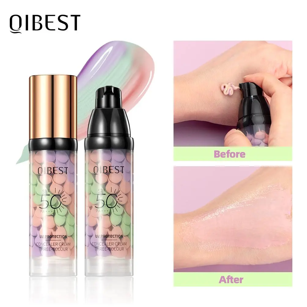 Qibest Triple Color Protection Makeup Primer Cream SPF 50, Moisturizing Hydrating Sunscreen, Oil Control, 3-In-1 Color Corrector, Waterproof & Sweatproof