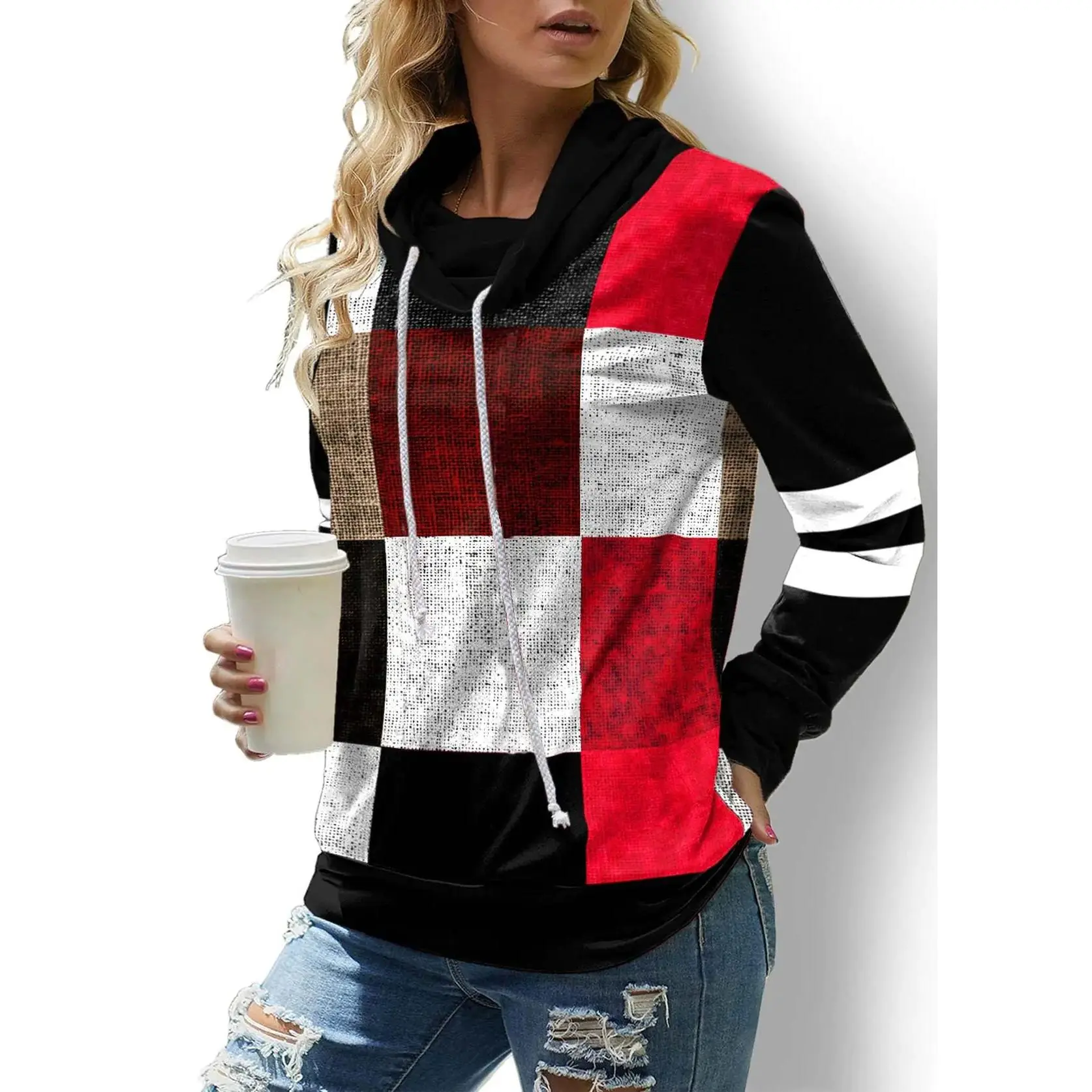 Checkered Long Sleeve Turtleneck Sweatshirt for Women
