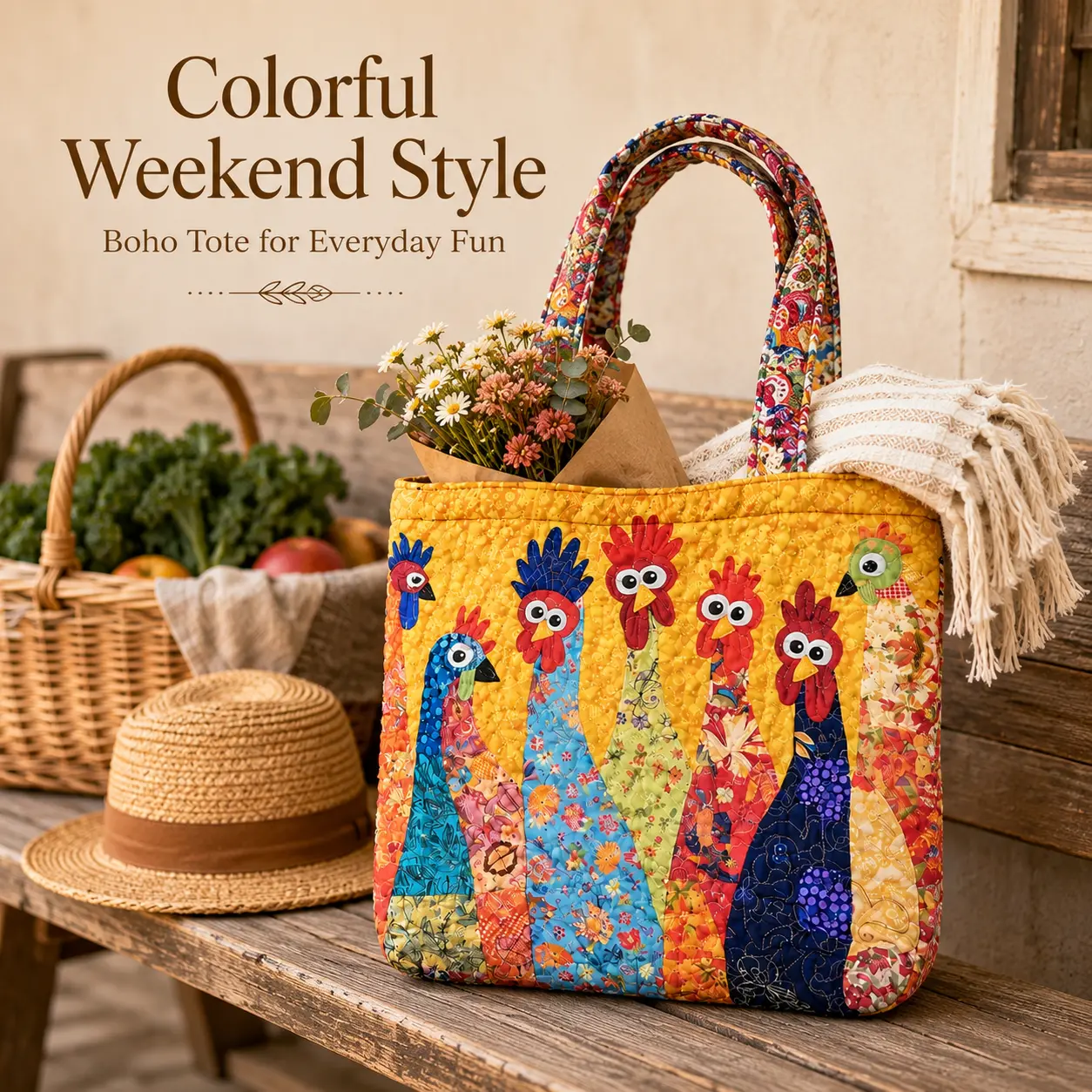 Women's Boho Quilted Tote Bag - Handmade Look, Farmhouse Print, Shoulder Carry, Colorful Bag for Boho Chic Outfits, Ideal Gift for Loved Ones, Quilted Fabric
