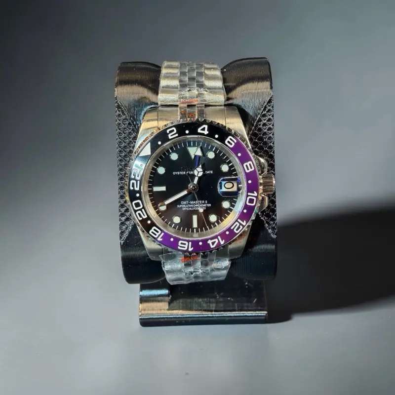 40mm Automatic GMT Custom Watch | NH34A Automatic Movement | Sapphire Crystal | Black & Purple Bezel - The Joker Build