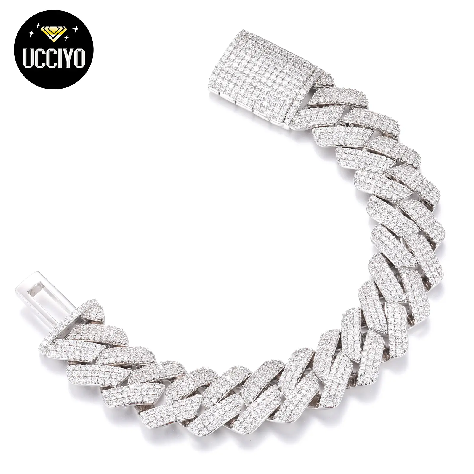 【#B15 20mm】Men's Hip Hop Bracelet Bubble Shiny Synthetic Moissanite Cuban Chain Bracelet 925 Sterling Silver Rock Rapper Fine Jewelry