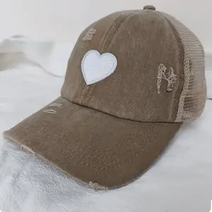 Vintage Washed Baseball Cap Women - Adjustable Distressed Twill Soft Cotton Ladies Hat Cute Love Heart Embroidered