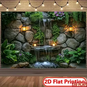 2D Flat Banner, 1pc Polyester Waterfall Backdrop with Lush Greenery - Ideal for Garden-Themed Events & Photo Shoots, Versatile Party Background Banner, Decorative Banner, Multiple Sizes Available, No Electricity Needed, Waterfall Wa