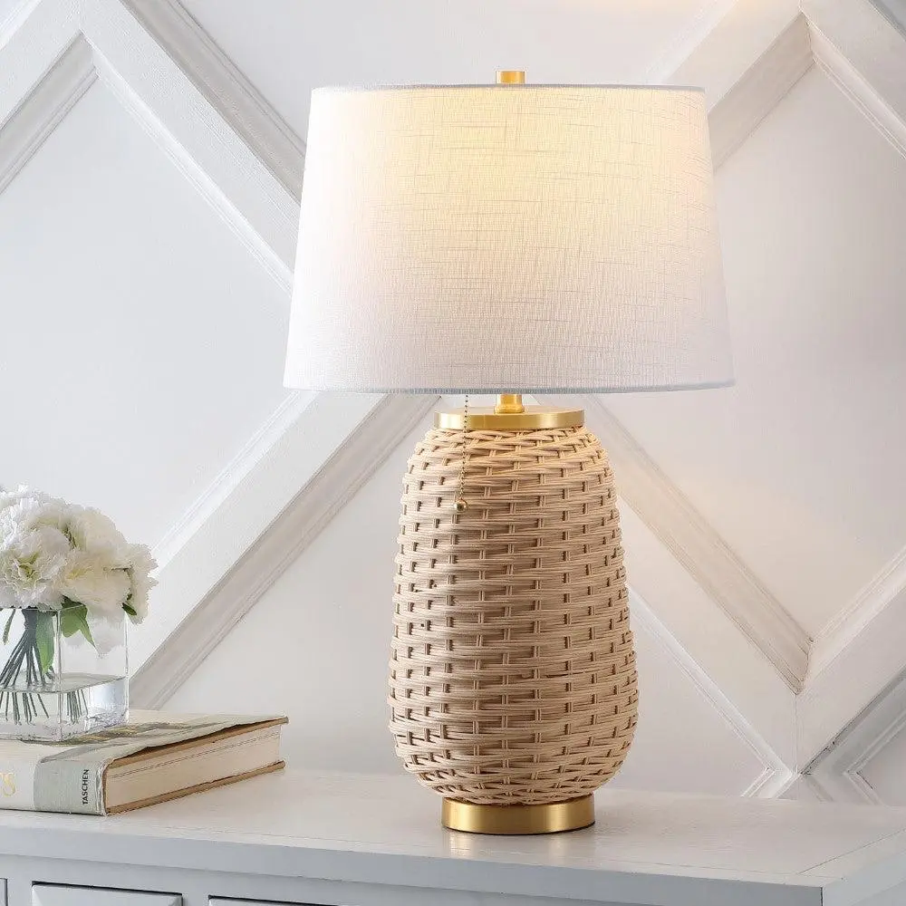JONATHAN Y Chakrii Rustic Bohemian Iron/Rattan LED Table Lamp with Pull-Chain , for bedroom, living room, foyer, hallways, dining room, dorms