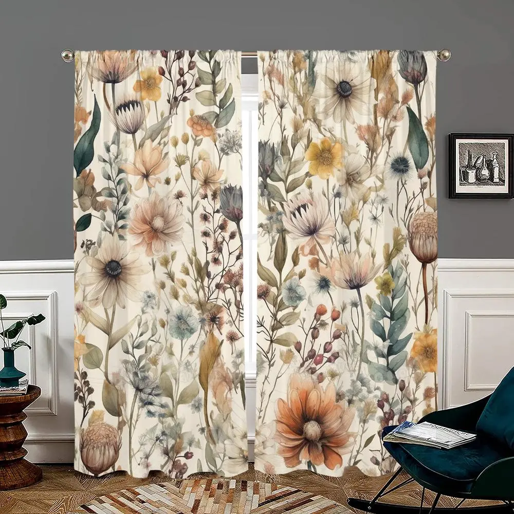 Floral Print Curtain, 2 Counts/set Elegant Wild Plant Flower Design Curtain, Home Decoration Curtain, Home Decorative Curtain, Window Treatment for Home Living Room Bedroom Kitchen Bathroom Office