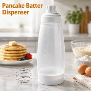 MIUVA Pancake Batter Dispenser Bottle with Wire Whisk Ball & Stand Base, Pancake Mix Bottle with Silicone Nozzle for Pancakes, Crepes, Waffles, Muffins, Cupcakes & More