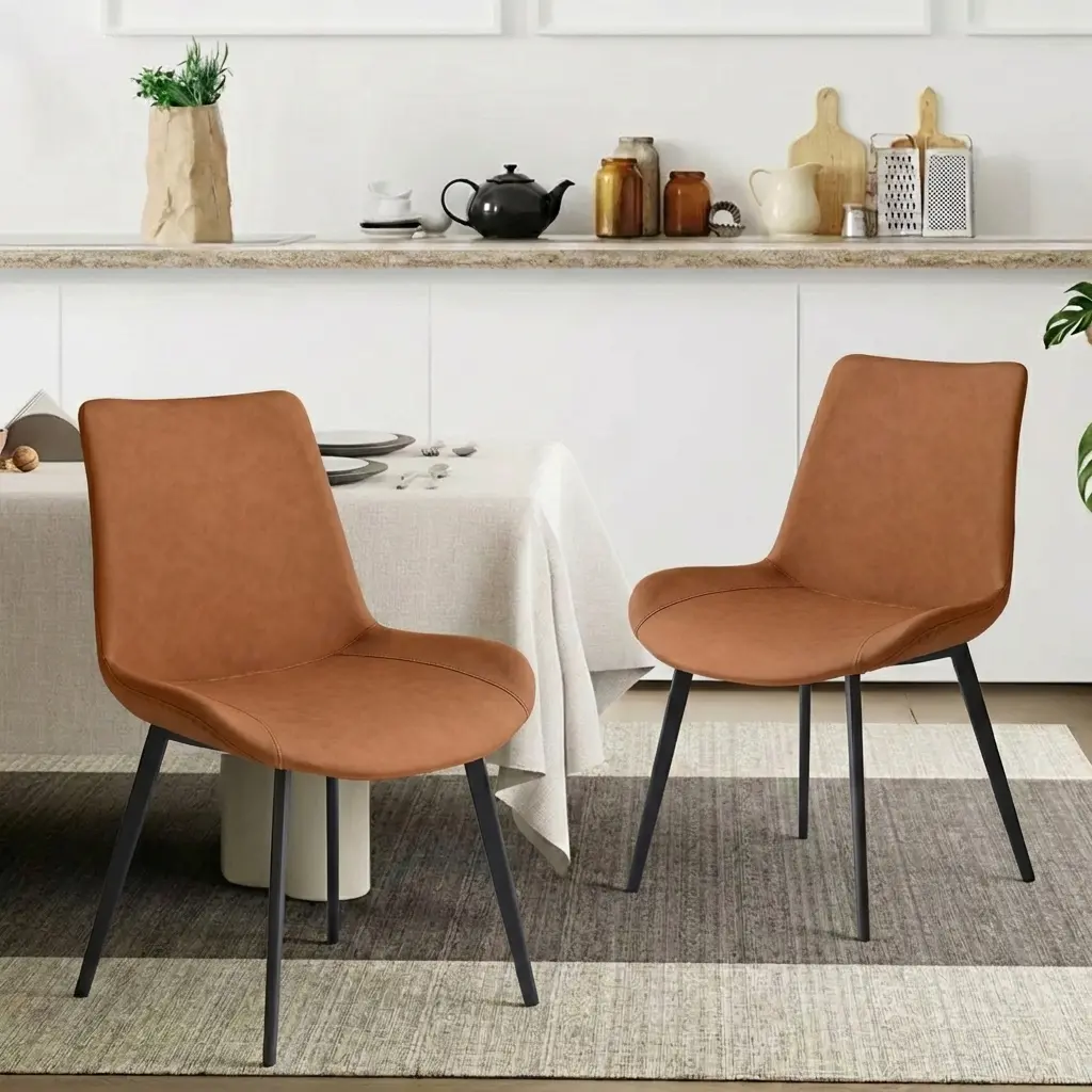 HIPIHOM Vintage Retro PU Leather Dining Chairs - Industrial, Fixed Back, Ergonomic Curved Backrest, Stable Carbon Steel Metal Legs, Durable, Wear-Resistant, Assembly Required, Versatile Aesthetic Home Kitchen Furniture (Cognac Brown, Set of 4)