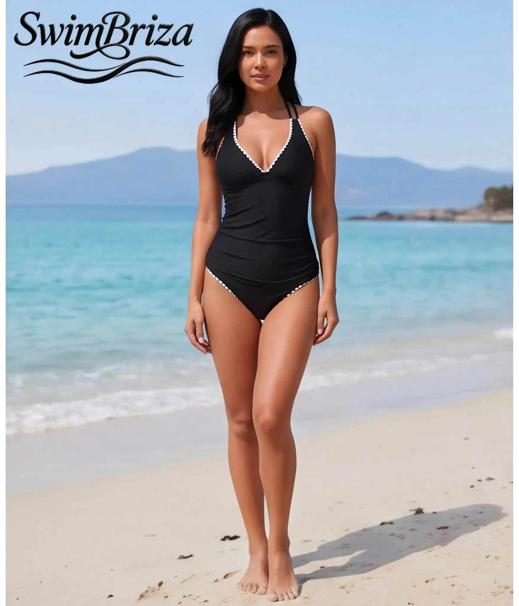 Briza｜Women's Halter V Neck One Piece Swimwear Solid Black Matte Stretch Bathing Suit with White Scallop Trim Cute Vacation Swimsuits for Women Summer Beach Pool Resort Ready Swimsuits, Women's Swimwear, Bathing Suit for Women, One Piece Swimsuit