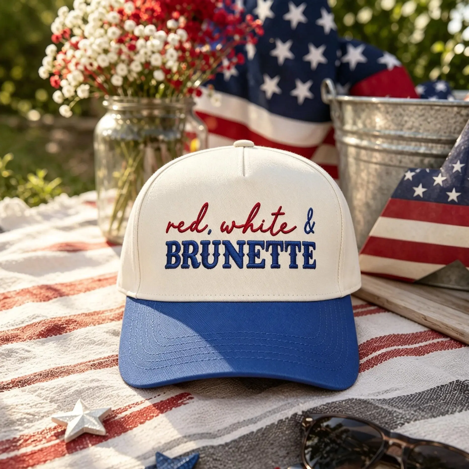 Red White & Brunette Hat for Women, Country Concert Baseball Cap, Americana Patriotic Hat, Summer Festival Outfit Accessory, Gift for Brunette Girls