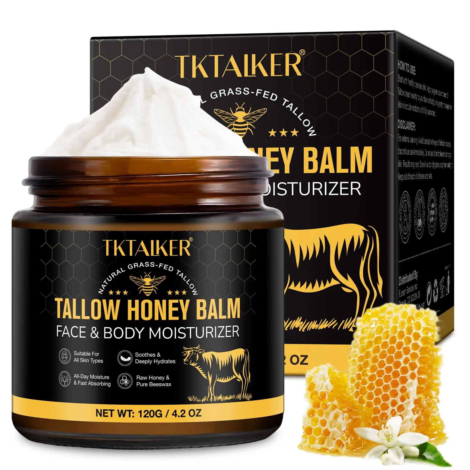 TKTALKER Beef Tallow Balm, Moisturizing Buttery Cream with Raw Honey & Beeswax for Face & Body, Organic Grass-Fed, Light Summer Scent, Body Care, Organic Tallow, Hydrating campingessentials, Natural Soothing